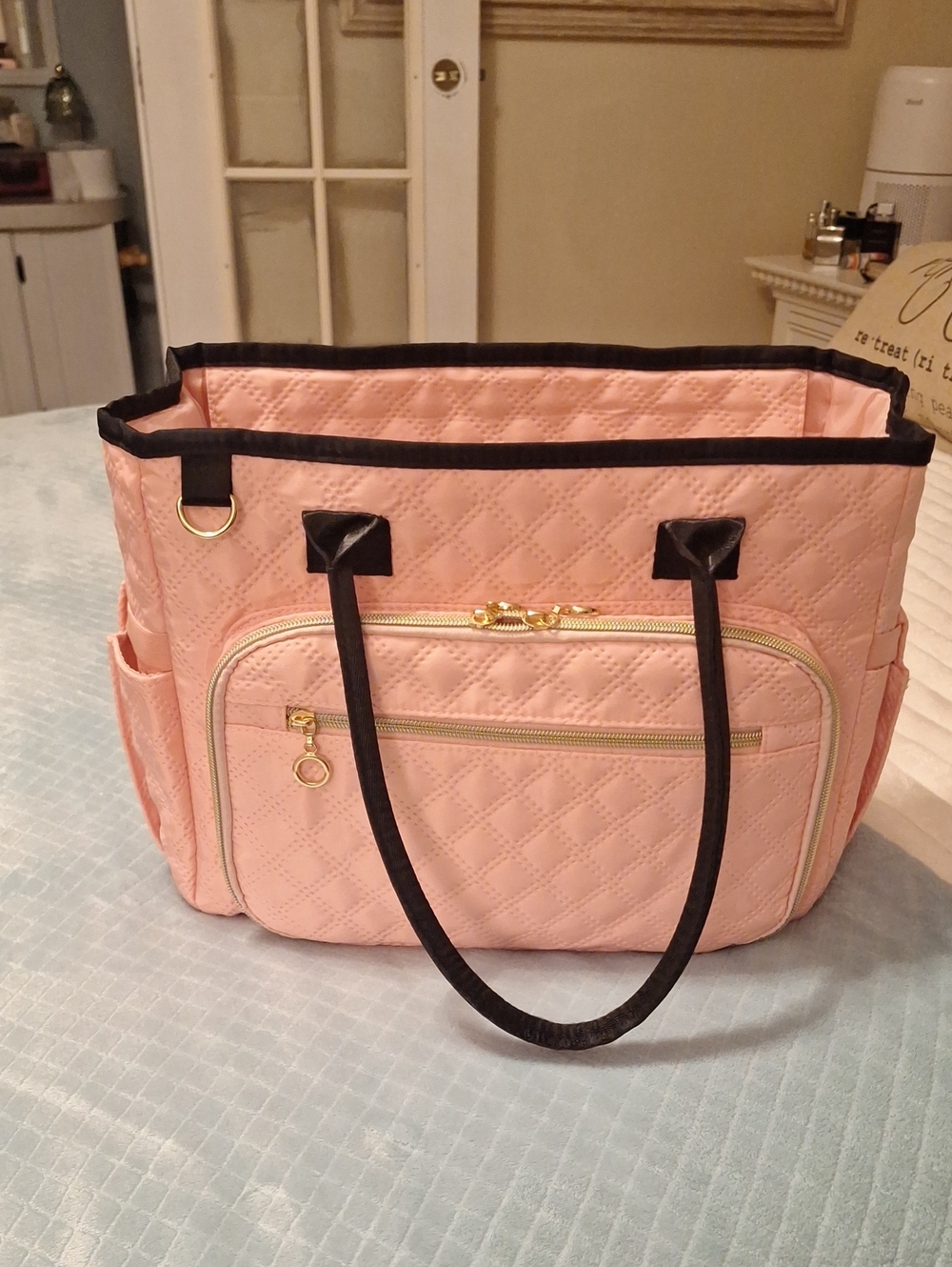 Quilted Pink Tote Bag with Black Trim - Stylish Everyday Carry With STRAP